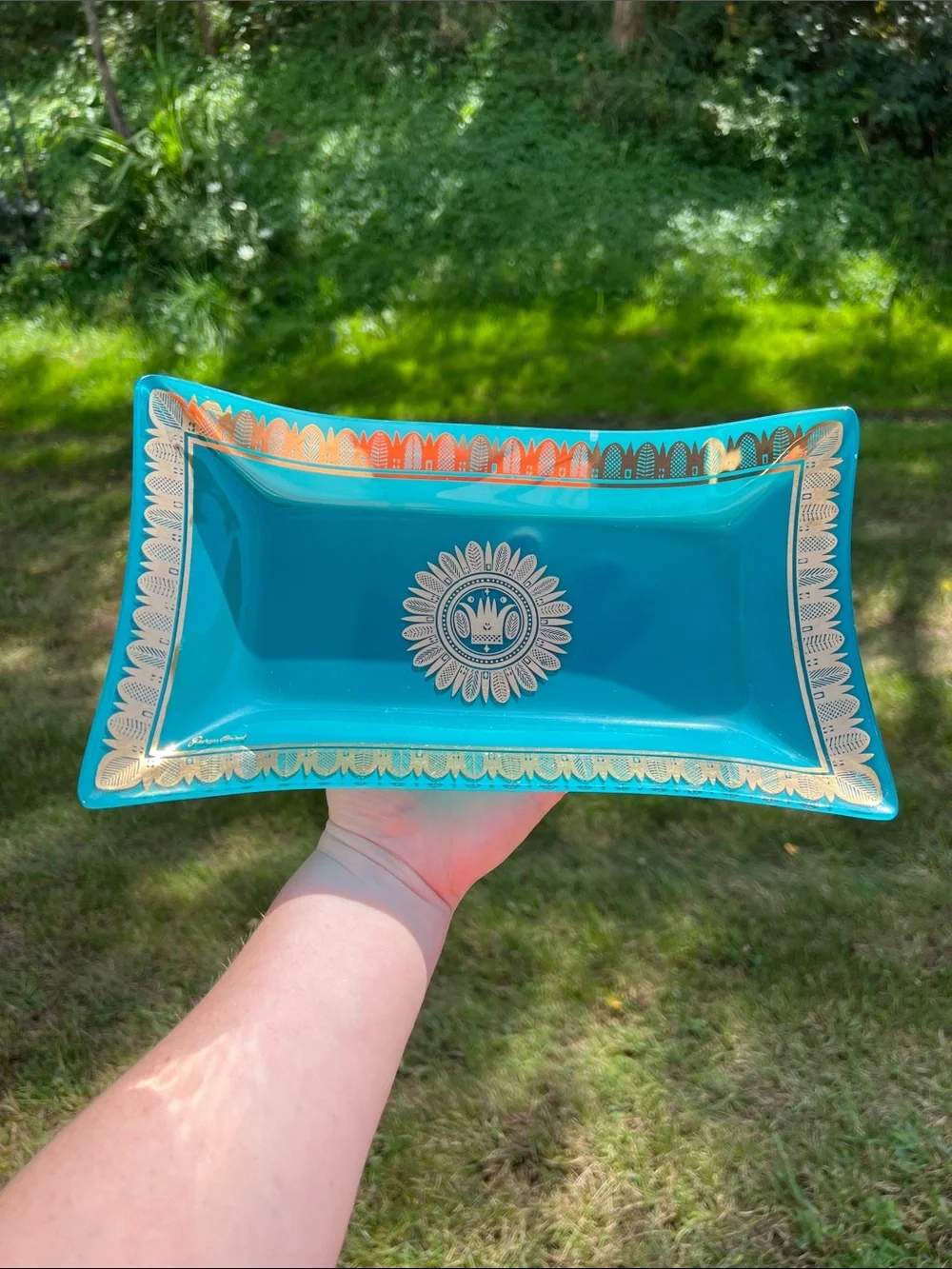 Vintage MCM George Briard Blue Teal Gold Glass Tray Hawaiian Crown Regalia